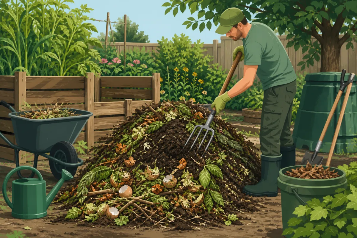 Ein Komposthaufen im Garten mit grünen und braunen Abfällen.